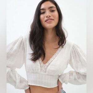 Aeropostale White Long Sleeve Smocked Crop Blouse